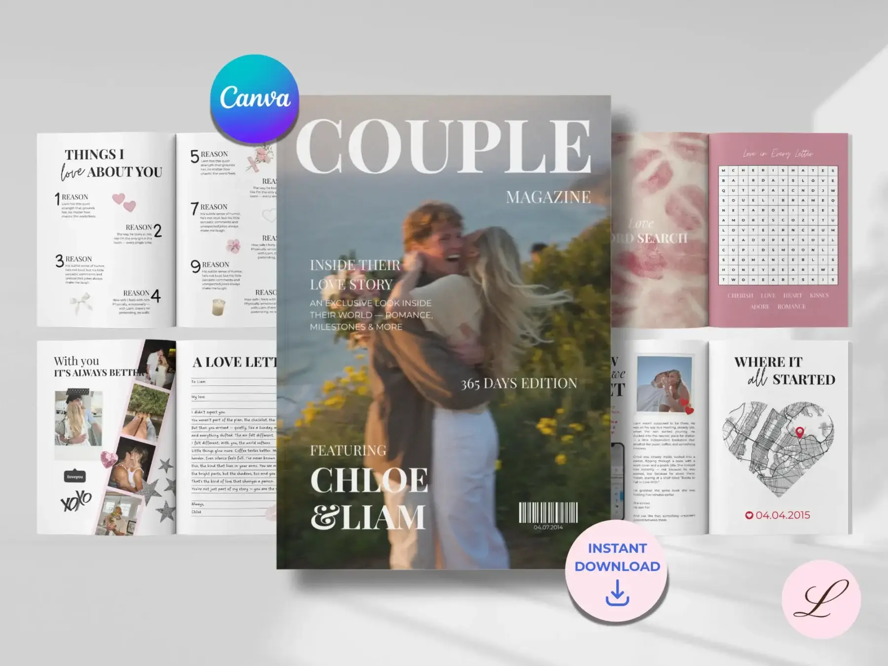 You and Me Magazine | Editable Couple Magazine Template | Printable & Personalized Digital Download Gift